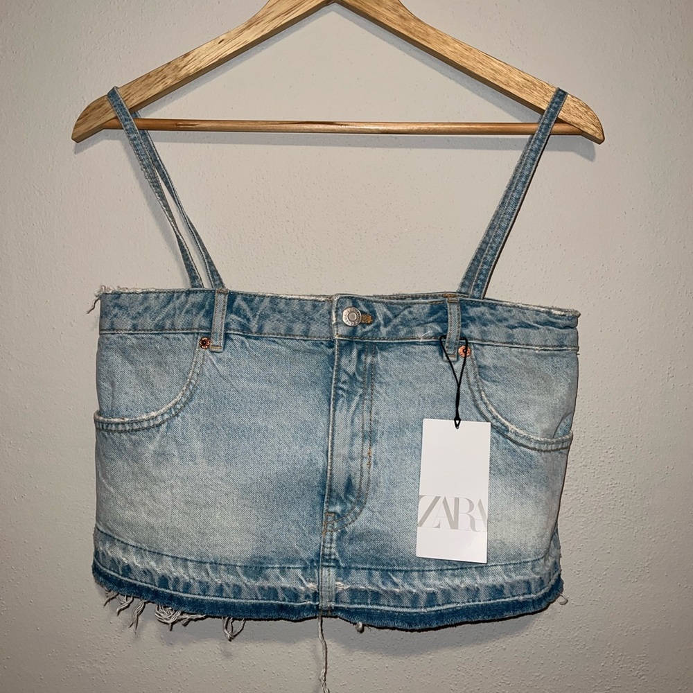 NWT Zara‎ Skirt Effect Denim Crop Top with Spaghetti Straps Women’s Size Small